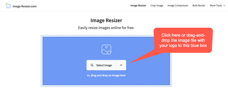 This screen capture illustrates how to upload your logo when using the image resizer tool.