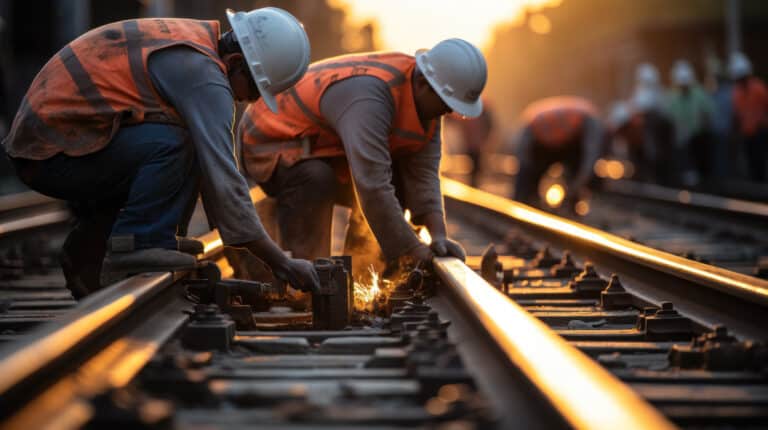 Railway workers performing maintenance tasks on train tracks after getting ISN certified.