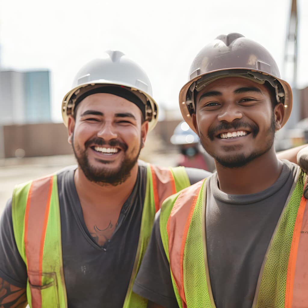 Two male construction workers smiling on their construction site after finishing their toolbox talk.