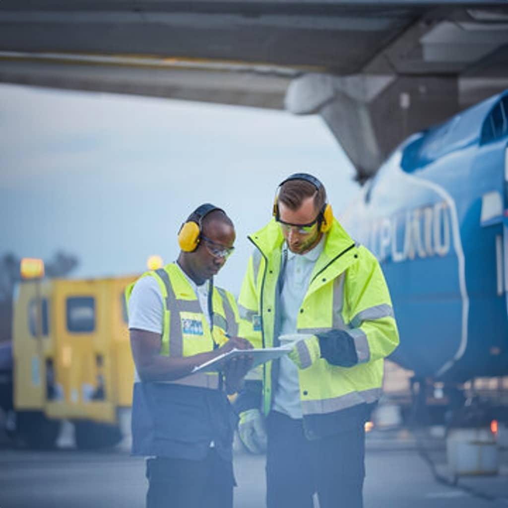 Two airport workers wearing ear protection and yellow vests talking to each other, reviewing their safety report before approving for take-off.